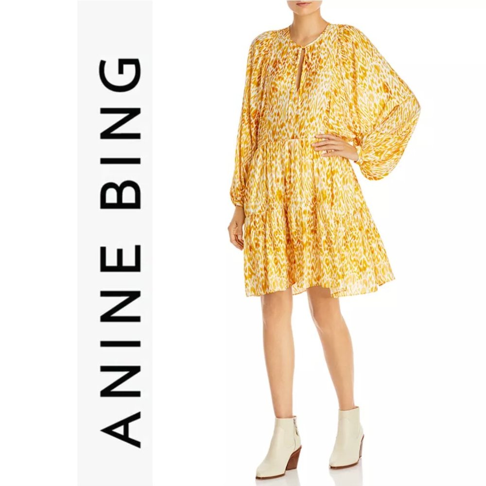 Anine Bing Yellow & White Long Sleeve Tiered Mini Dress